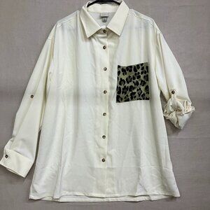 A New Day Womens M White Button Down Blouse Shirt Roll Tab Sleeve Leopard Pocket